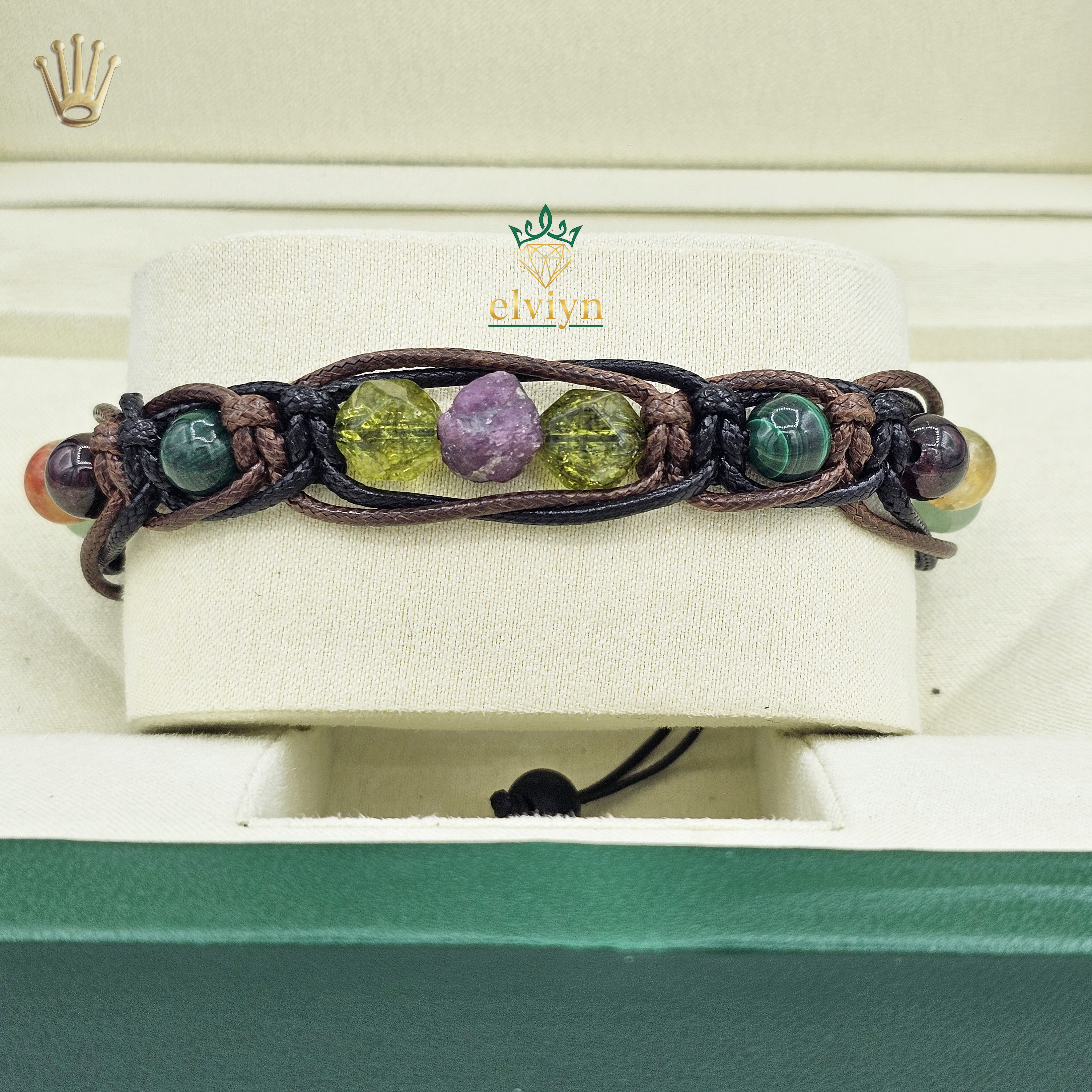 دستبند بافت چرم با سنگ های زبرجد، راف یاقوت سرخ، سیترین، مالاکیت،گارنت سرخ،اونتورین